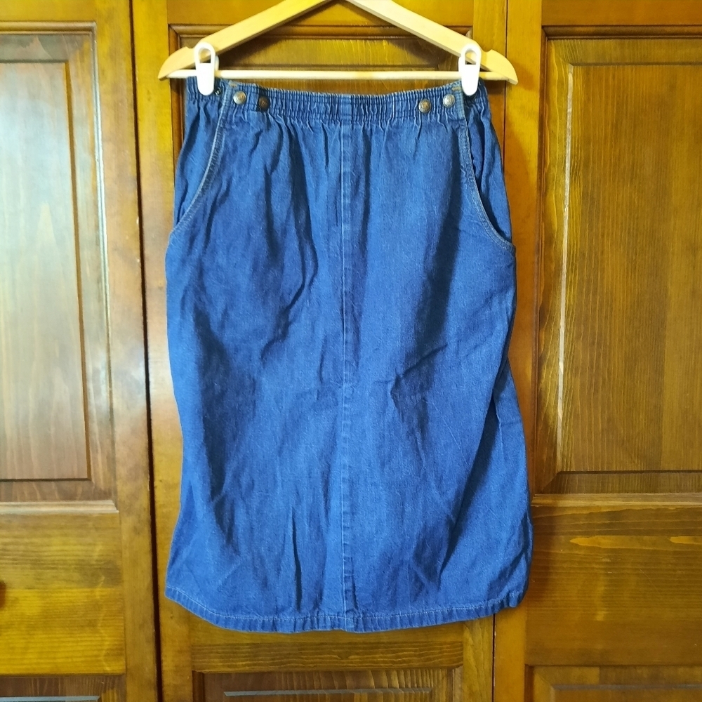 Vintage 70s/80s Levi's Dark Wash Elastic Waist Denim Midi Skirt Navy Tag Size 8